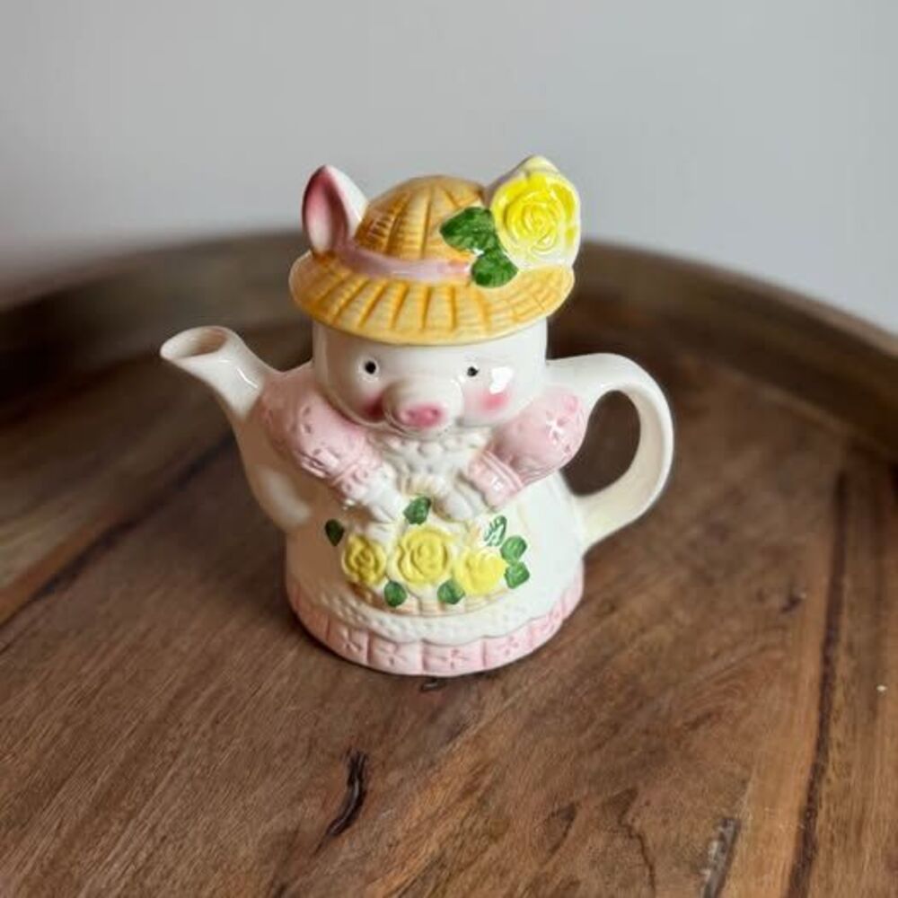 Vintage Ceramic Pig Teapot with Straw Hat and Yellow Roses
